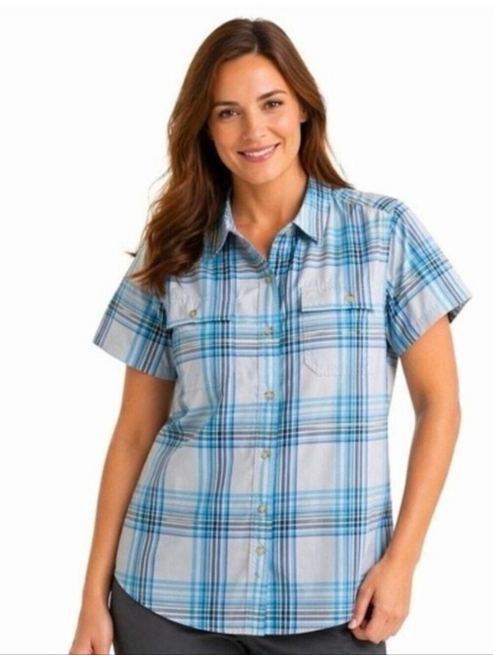 NWT Eddie Bauer Women's Short Sleeve Adventure Top Button Down Blue Plaid Size M